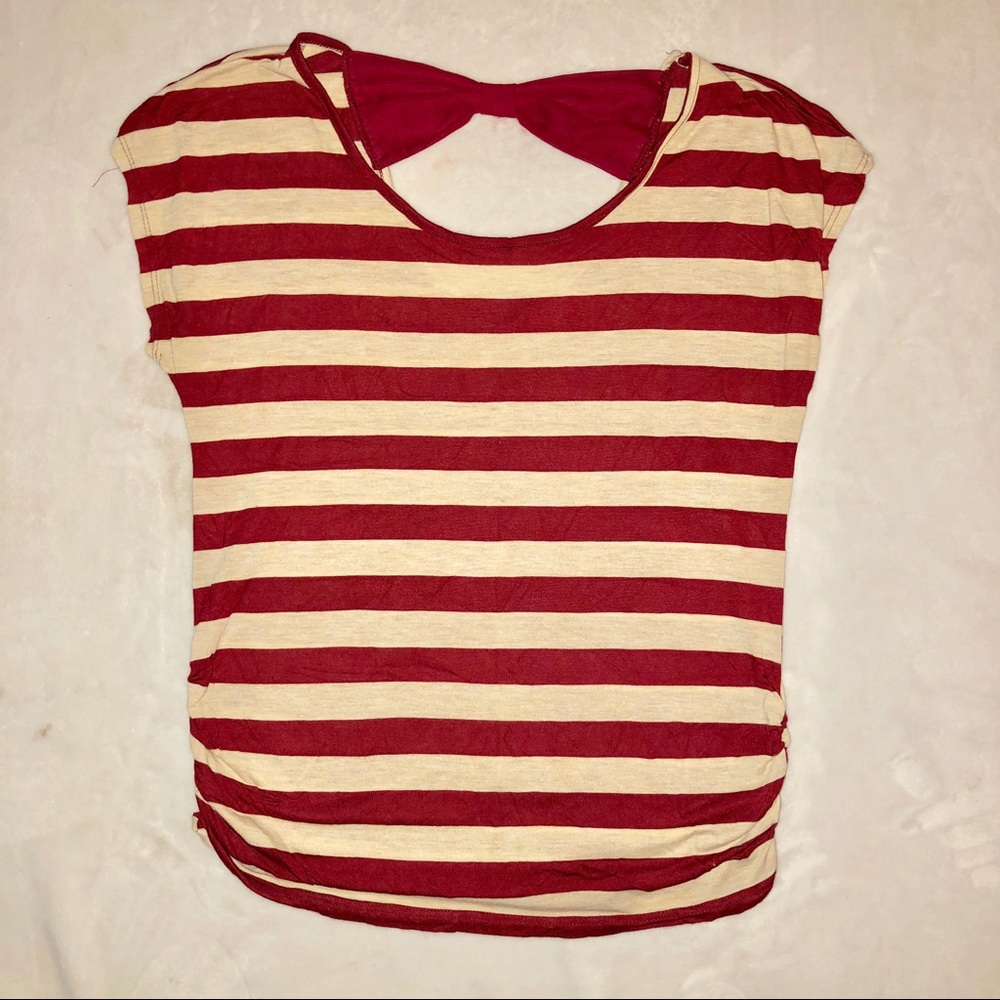 Burgundy & Cream Dolman Sleeve Top with Bow